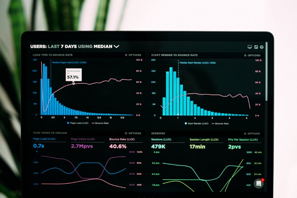 A photograph of a screen with a data dashboard on it.